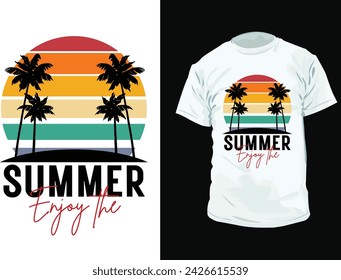 Enjoy the summer t-shirt and apparel trendy design with palm trees silhouettes, typography, print, vector illustration. Global swatches.