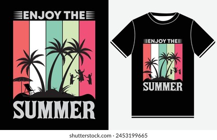 Enjoy The Summer t-shirts design, Paradise T-shirt Designs, illustration vector art, Sunset Print T-shirts, Hot Summer, Summer T-shirt Design Template, Sun, Vintage Tshirt Design Print Vector