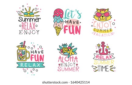 Enjoy Summer Vacation Logo Design Templates Collection, Relax Summer Time, Lets Have Fun Cute Colorful Labels Vector Illustration