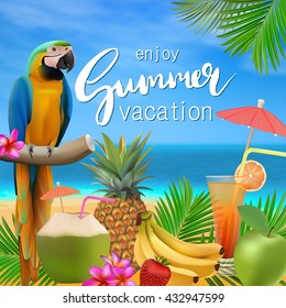 Enjoy summer vacation vector illustration.  Sea, blue sky, beach, cocktails, pineapple, banana,  fruits, umbrella. tropical background with lettering.