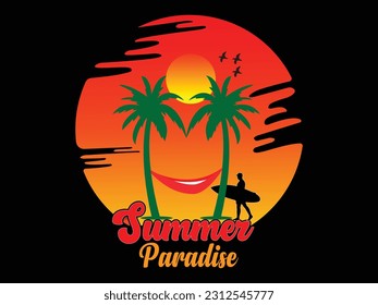 Enjoy Summer Vacations T-shirt Design Vector Illustration and apparel vector design, print, typography, poster, emblem with palm trees. With Surfing Man, Vector Print Design Artwork, Summer T-shirt