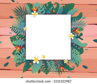 Enjoy summer vector banner design with leaf, flower and square for text on wood background