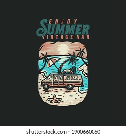 Enjoy summer vintage van t shirt graphic design, hand drawn line style with digital color, vector illustration
