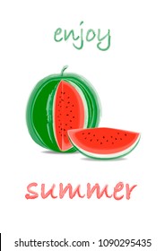 enjoy summer watermelon and slice  isolated on the white background, vertical vector illustration