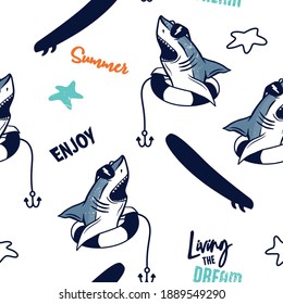 Enjoy summer.Shark seamless pattern vector print. Fun t-shirt design for kids.Vector illustration design for fashion fabrics, textile graphics, print.