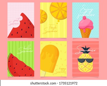 Enjoy Summertime Template Design with Fruits and Ice Cream in Different Color Abstract Background.