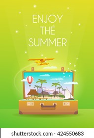 Enjoy the summer.Travel vertical banner. Open suitcase with tropical island. Flat style.