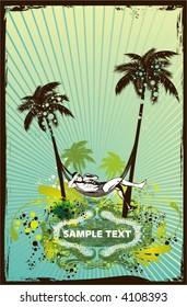 enjoy the sun,palm trees ,retro look grunge & floral ornaments,vector illustration