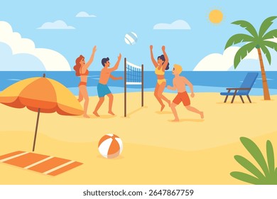 Desfrute do sol, brisa marítima e riso com amigos! Um dia perfeito de verão cheio de vôlei de praia e diversão sob o sol.