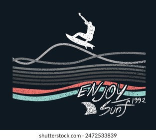 Enjoy surf. Multi color wave artwork. Endless summer vector design. Surfing club artwork. Palm tree vector design.