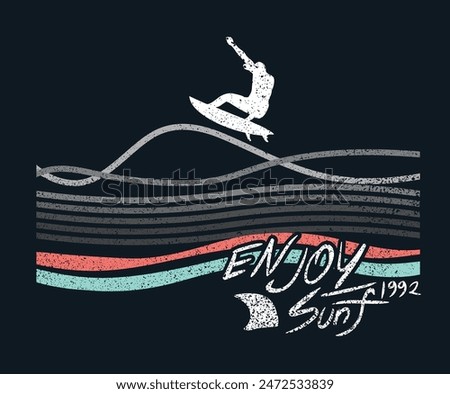 Enjoy surf. Multi color wave artwork. Endless summer vector design. Surfing club artwork. Palm tree vector design.
