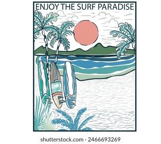 Enjoy the surf paradise. Beach wave artwork. Surfing board. Summer abstract art. Sunshine paradise graphic print design. Tropical vibes design for fashion and others. summer slogan t-shirt. 