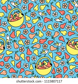 Enjoy taste of summer seamless pattern. Little birds pick honey pear and blooms on blue background. Perfect for wrapping paper, packaging, textile design.