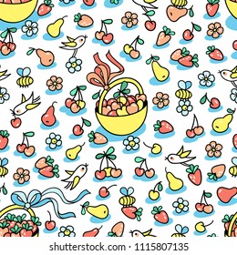 Enjoy taste of summer seamless pattern. Little birds and bees pick fruits, strawberry, cherry, pear, and blooms on white background. Perfect for wrapping paper, packaging, textile design.