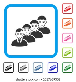 Enjoy Team Manager vector pictograph. Human face has joy mood. Black, grey, green, blue, red, pink color additional versions of team manager symbol in a rounded frame. A guy wearing a cap.