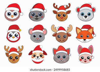 Enjoy this adorable collection of kawaii Christmas animal heads wearing Santa hats, perfect for festive decorations and holiday-themed designs.