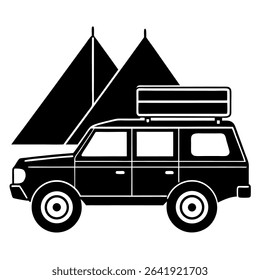 Enjoy this black and white vector illustration of a camping trip, featuring detailed silhouettes of an SUV and a tent.