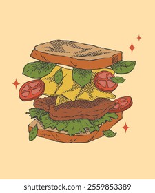 Enjoy this delightful hand-drawn illustration of a sandwich! Perfect for food enthusiasts, restaurant menus, or culinary-themed decor, showcasing tasty details.