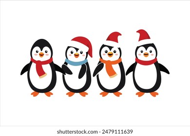 Enjoy this delightful vector art illustration featuring funny cartoon Christmas penguin characters. Each penguin is depicted in various positions and with different expressions.