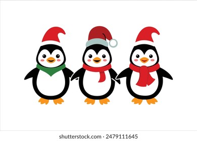 Enjoy this delightful vector art illustration featuring funny cartoon Christmas penguin characters. Each penguin is depicted in various positions and with different expressions.