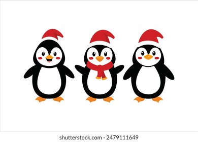 Enjoy this delightful vector art illustration featuring funny cartoon Christmas penguin characters. Each penguin is depicted in various positions and with different expressions.