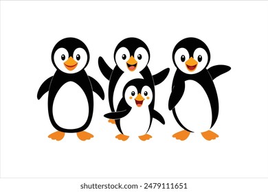 Enjoy this delightful vector art illustration featuring funny cartoon Christmas penguin characters. Each penguin is depicted in various positions and with different expressions.