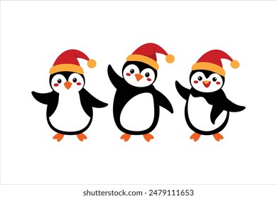 Enjoy this delightful vector art illustration featuring funny cartoon Christmas penguin characters. Each penguin is depicted in various positions and with different expressions.