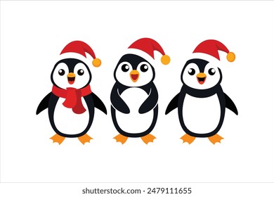 Disfruta de esta encantadora ilustración de Arte vectorial con divertidas Navidades de dibujos animados personajes de pingüinos. Cada pingüino se representa en varias posiciones y con diferentes expresiones.