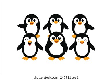 Enjoy this delightful vector art illustration featuring funny cartoon Christmas penguin characters. Each penguin is depicted in various positions and with different expressions.