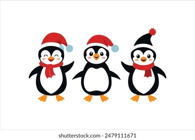 Enjoy this delightful vector art illustration featuring funny cartoon Christmas penguin characters. Each penguin is depicted in various positions and with different expressions.