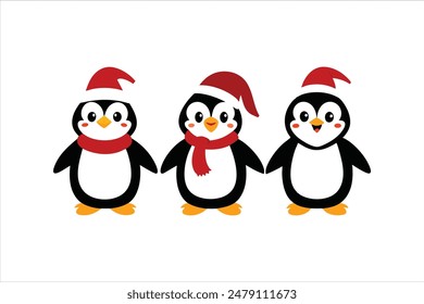 Enjoy this delightful vector art illustration featuring funny cartoon Christmas penguin characters. Each penguin is depicted in various positions and with different expressions.