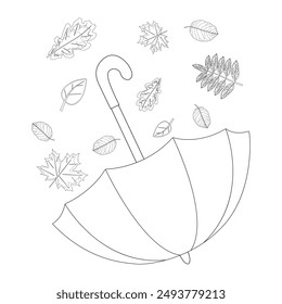 Enjoy this intricate coloring page featuring an umbrella surrounded by a variety of autumn leaves. Perfect for creative projects.