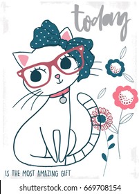 Enjoy Today Collection Vector Hand Drawn Illustration Cute Cat With Bow