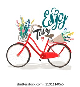 Enjoy today. Hand drawn vintage bicycle with flowers. Colored vector illustration
