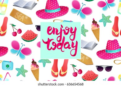 Enjoy today vector illustration. Summer Travel Advertising poster. Banner design with colorful beach elements. Sea, ice cream, camera,watermelon,cocktail,glasses. Vacation accessories.