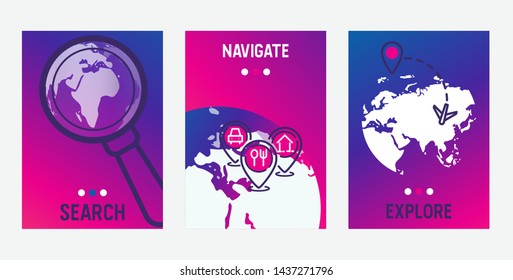 Enjoy tour, explore world vector illustration of flat design web card travel banners set with world map sphere. Navigate search wanderlust expedition poster. Tourist business destination concept