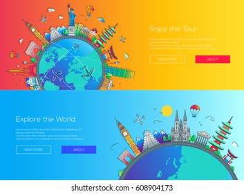 Enjoy the Tour, Explore the World - vector illustration of flat design web page travel banners set with famous landmarks icons and copy space