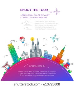 Enjoy the Tour - vector illustration of flat design travel composition with famous landmarks icons and copy space