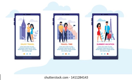 Enjoy Travel and Happy Summer Vacation Landing Page Set for Mobile Application. Summertime Trip Around World. Flat Cartoon People Look, Take Selfie, Photograph Landmarks. Vector Illustration