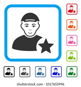 Enjoy User Rating Star vector pictogram. Person face has gladness feeling. Black, gray, green, blue, red, pink color versions of user rating star symbol inside a rounded square. A guy in a cap.