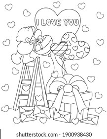 Enjoy Valentine's Day with a little bear reaching heart balloon, gift, love letter, I love You. coloring book page. Vector illustrations.

