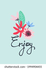 Enjoy vector design for cute cards, social media. Continuous script cursive decorated with abstract flowers. Isolated on blue background