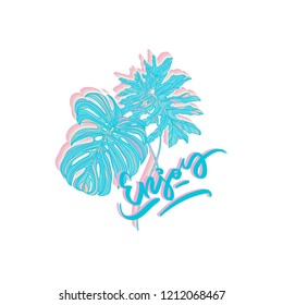 Enjoy. Vector poster with tropical leaves. Typography card, image with lettering. Design for t-shirts, prints, cards, posters, products packaging, branding.