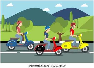 enjoy the view of riding a scooter with friends, vector illustration