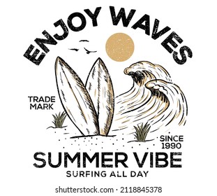 Enjoy waves graphic print design for t shirt, sticker, poster and others. Surf board with wave vector artwork design.