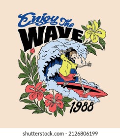 Enjoy the wave.skeleton surfer surfing the waves.Illustration design suitable for t shirt and poster.