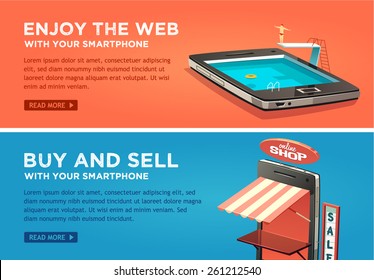 Enjoy the web with your smartphone. Buy and sell with your smartphone. Vector flat banners set.