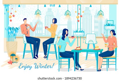 Enjoy Winter Banner Template. Cozy Cafe Decorated with Christmas Tree Ornamental Balls. Panoramic Window with Big Snowy City Outside. People Having Hot Drinks and Cakes, Chatting and Feeling Warm.