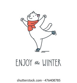 Enjoy the winter. Doodle vector illustration of funny skating white cat with red scarf