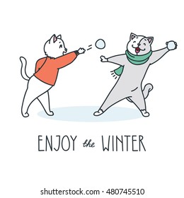 Enjoy the winter. Doodle vector illustration of happy cute cats playing snowballs